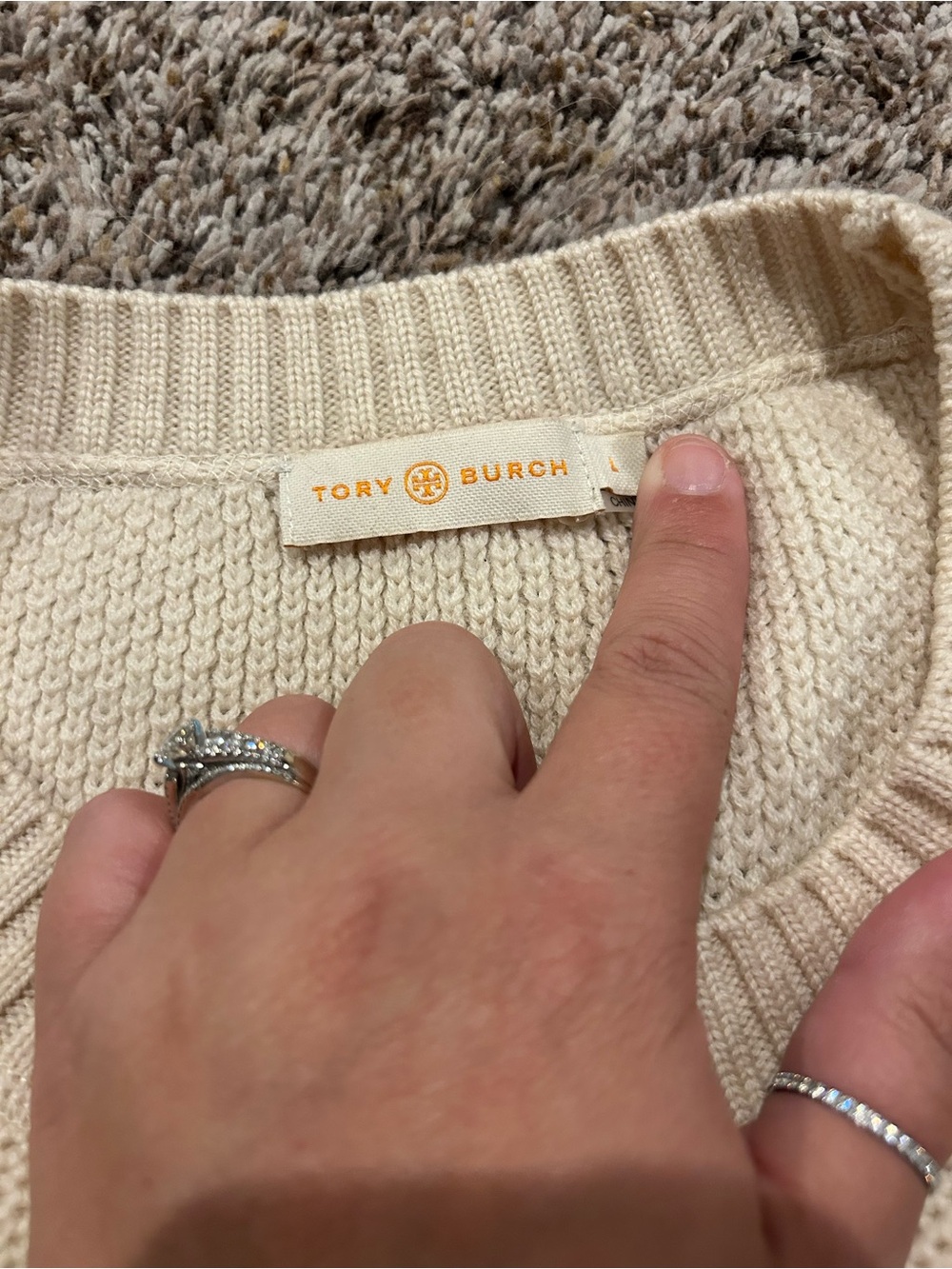 Tory Burch Cream Crewneck Sweater with Navy Logo - Picture 4 of 5